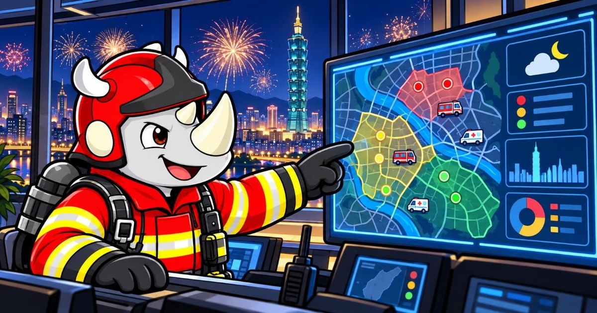 犀牛消防員在戰情室查看地圖與燈號，窗外是101與煙火